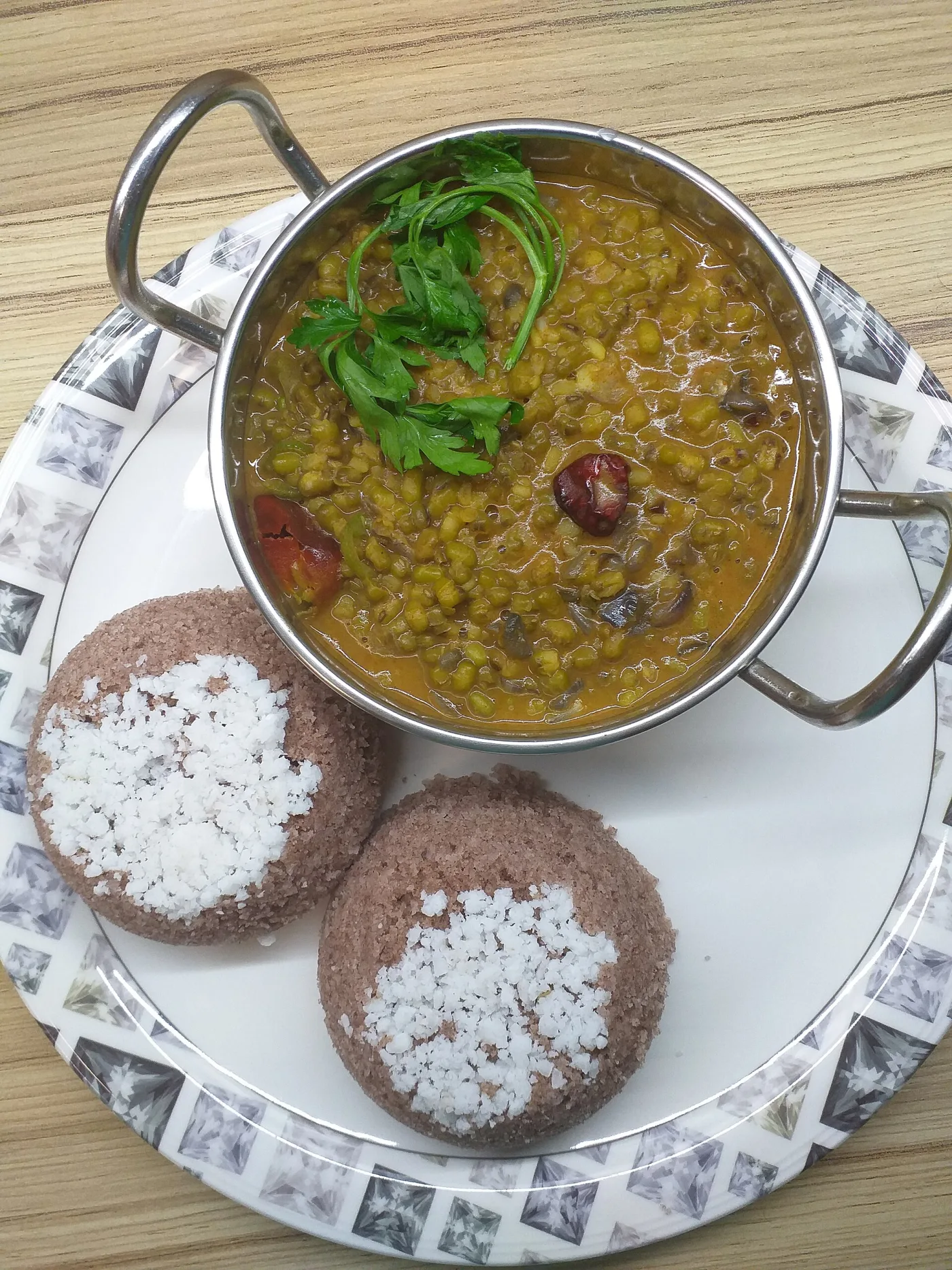Chemba-rice puttu with green-gram gravy.